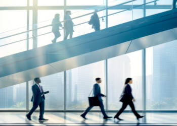 5 People walking through an office building. Stairs to the upper levels in the background.