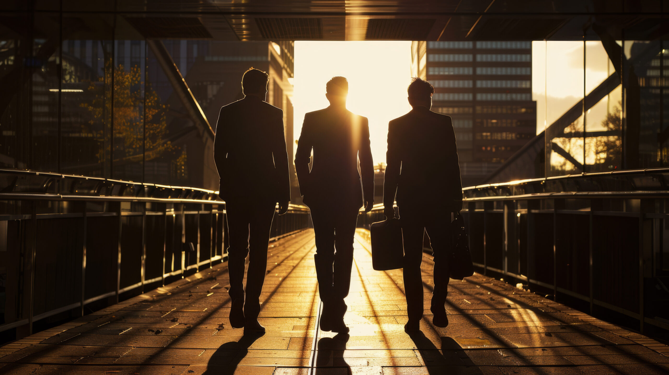 Silhouette of Business people walking across a bridge into the city.