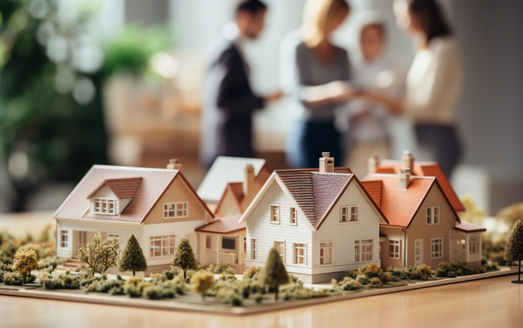 People in the background doing business with little model houses in the foreground. How Rubino helps lead clients in the right direction for real estate.