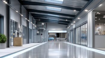Modern lobby of an office building with couches and plants.