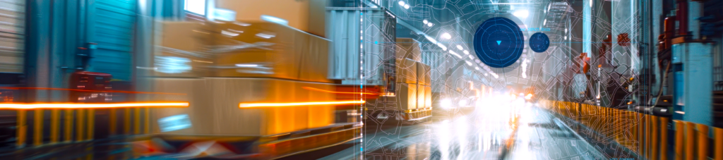 Blurry movement inside a busy warehouse with a blueprint overlay of a map.