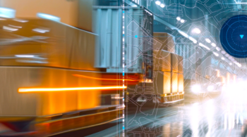 Blurry movement inside a busy warehouse with a blueprint overlay of a map.