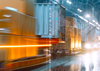 Blurry movement inside a busy warehouse with a blueprint overlay of a map.