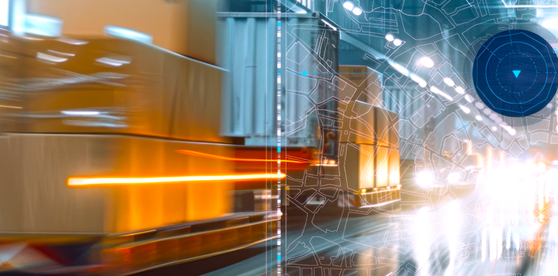 Blurry movement inside a busy warehouse with a blueprint overlay of a map.