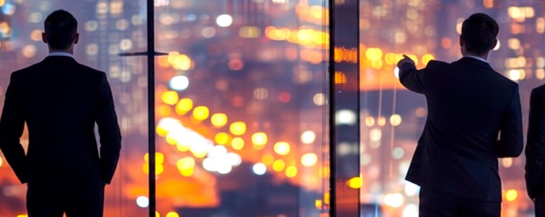Professionals looking out the top of an office building pointing at the city lights