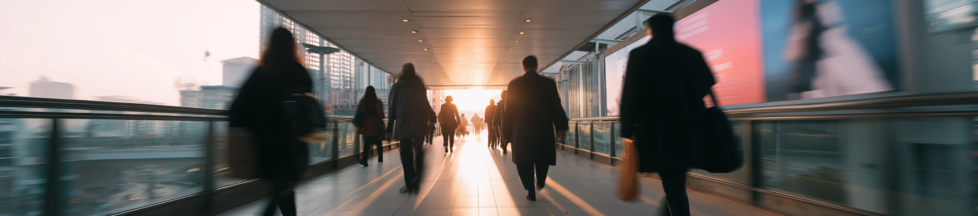 Blurry people walking through large hallway, rushing in building.