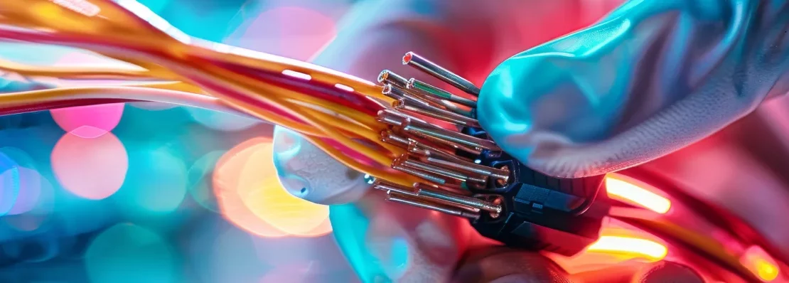 A gloved hand holding a fiber optics cable.