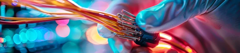 A gloved hand holding a fiber optics cable.